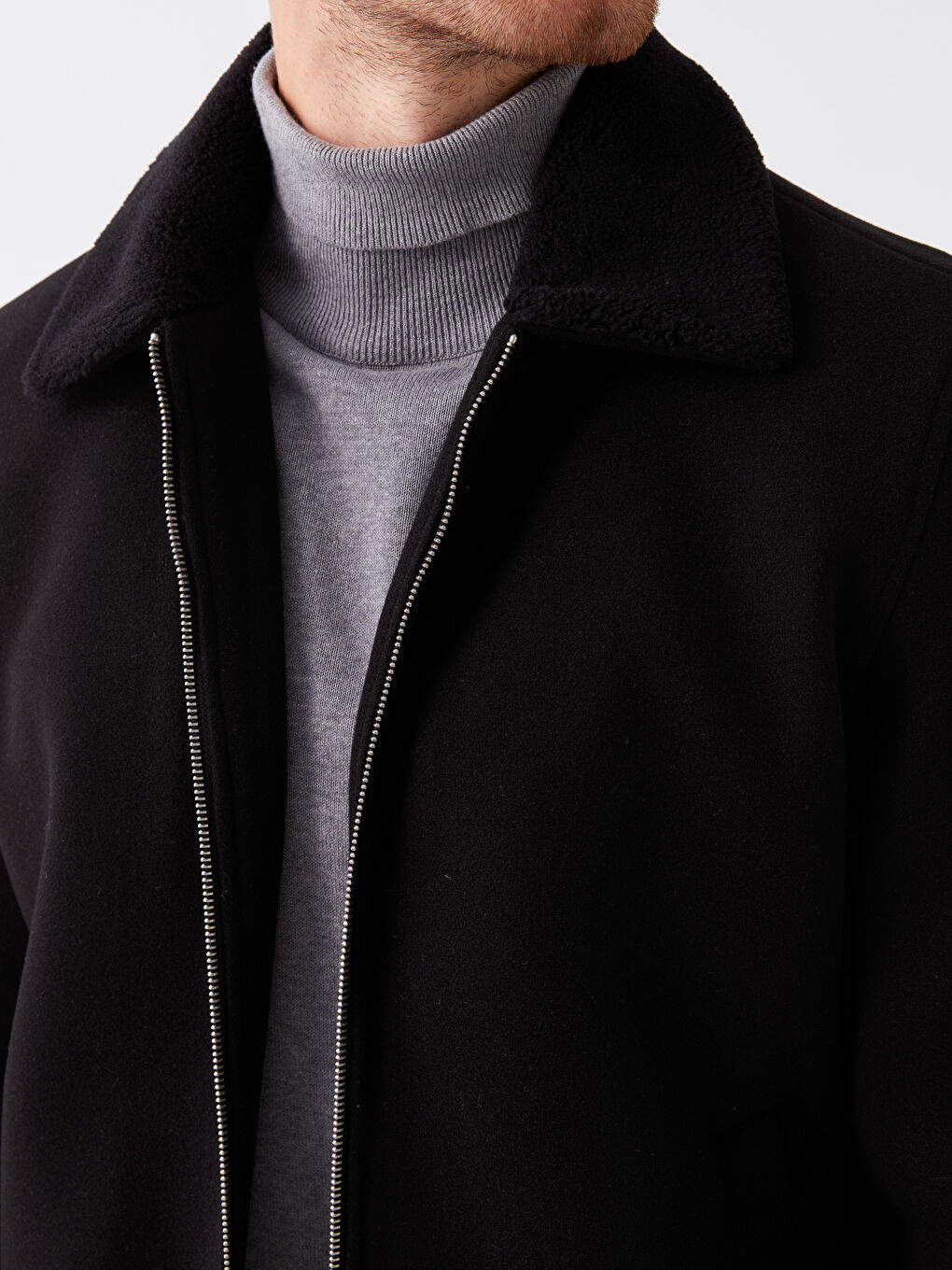 Siyah Standart Kalıp Gömlek Yaka Erkek Kaşe Mont-3