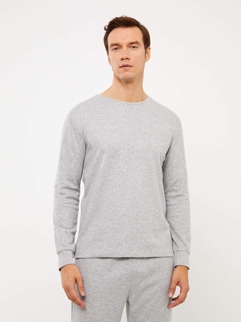 Gri Bisiklet Yaka Uzun Kollu Erkek Pijama Üst-1