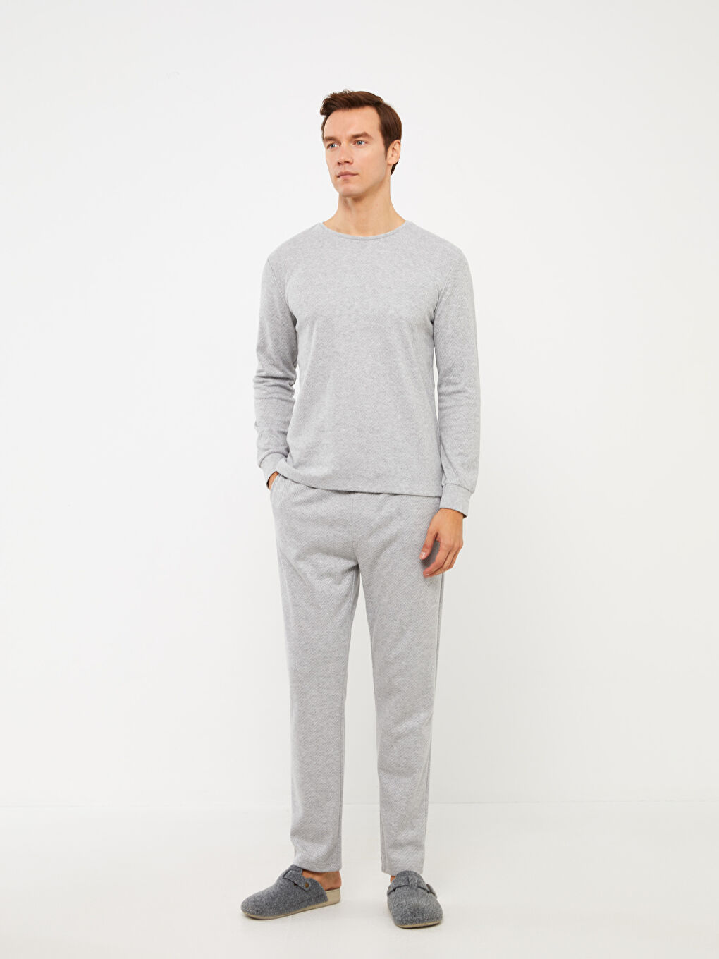 Gri Bisiklet Yaka Uzun Kollu Erkek Pijama Üst-2