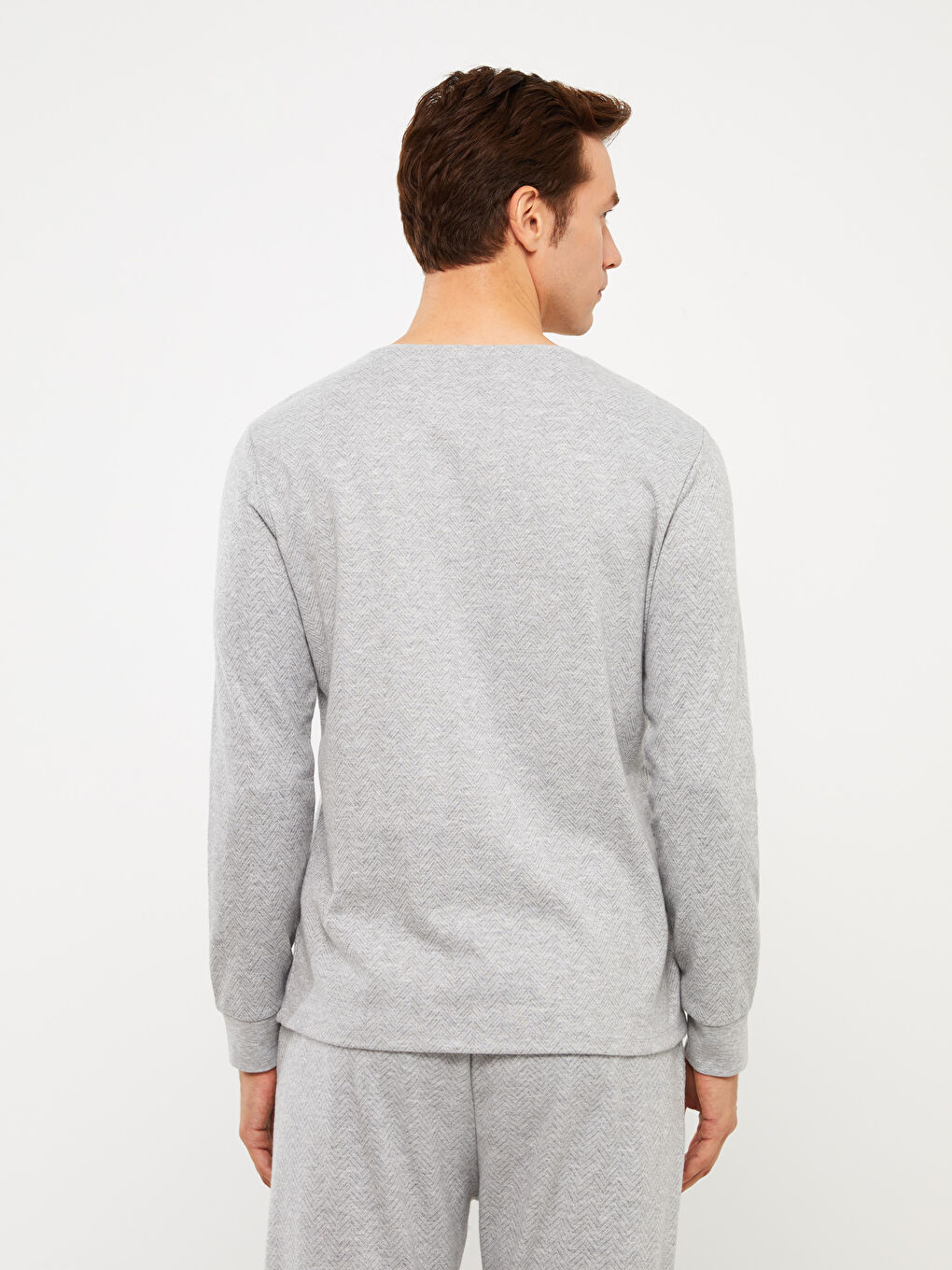 Gri Bisiklet Yaka Uzun Kollu Erkek Pijama Üst-4