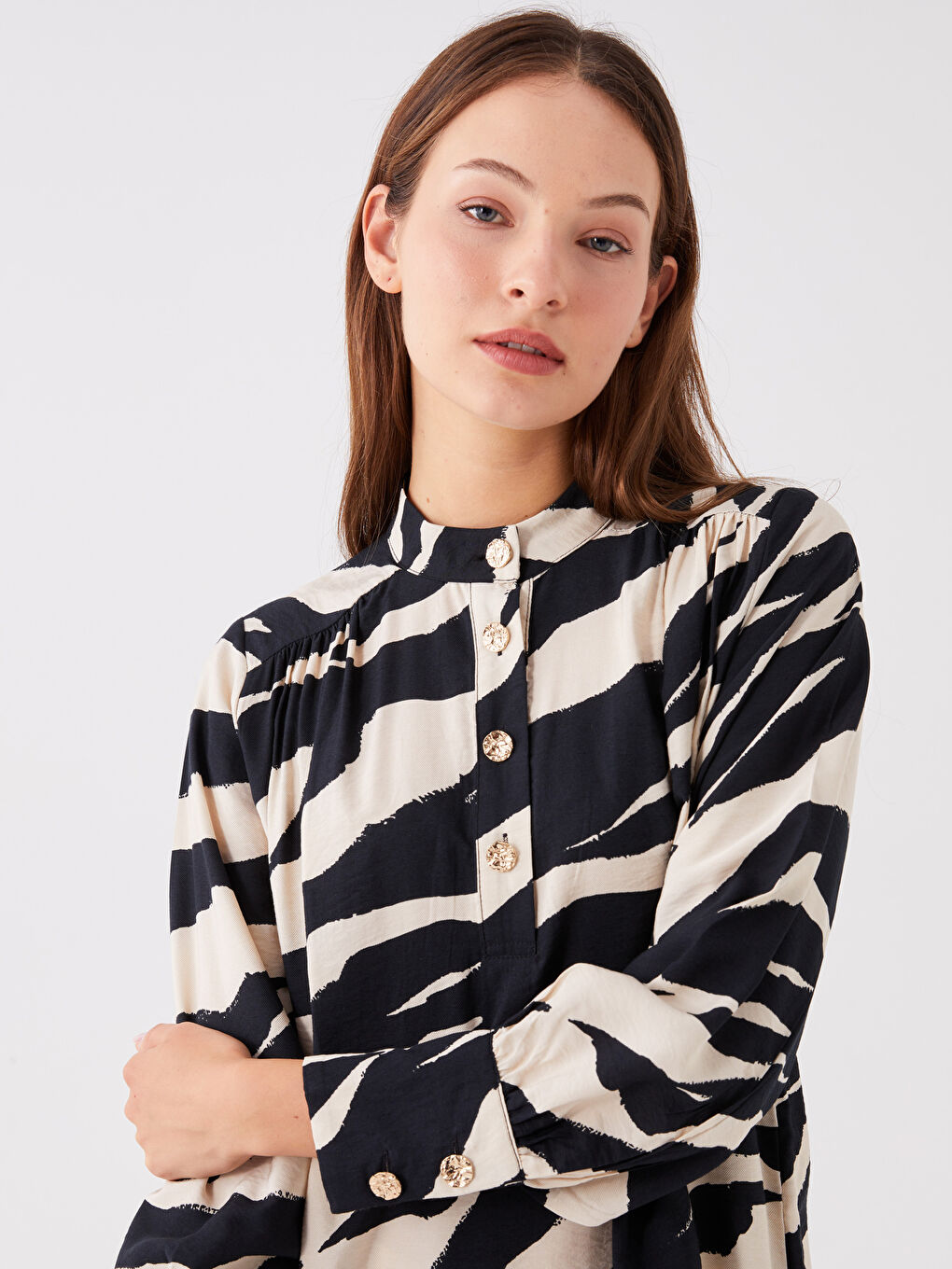 Tunique Pour Femmes Surdimensionnée Imprimée à Col Châle et Manches Longues-1