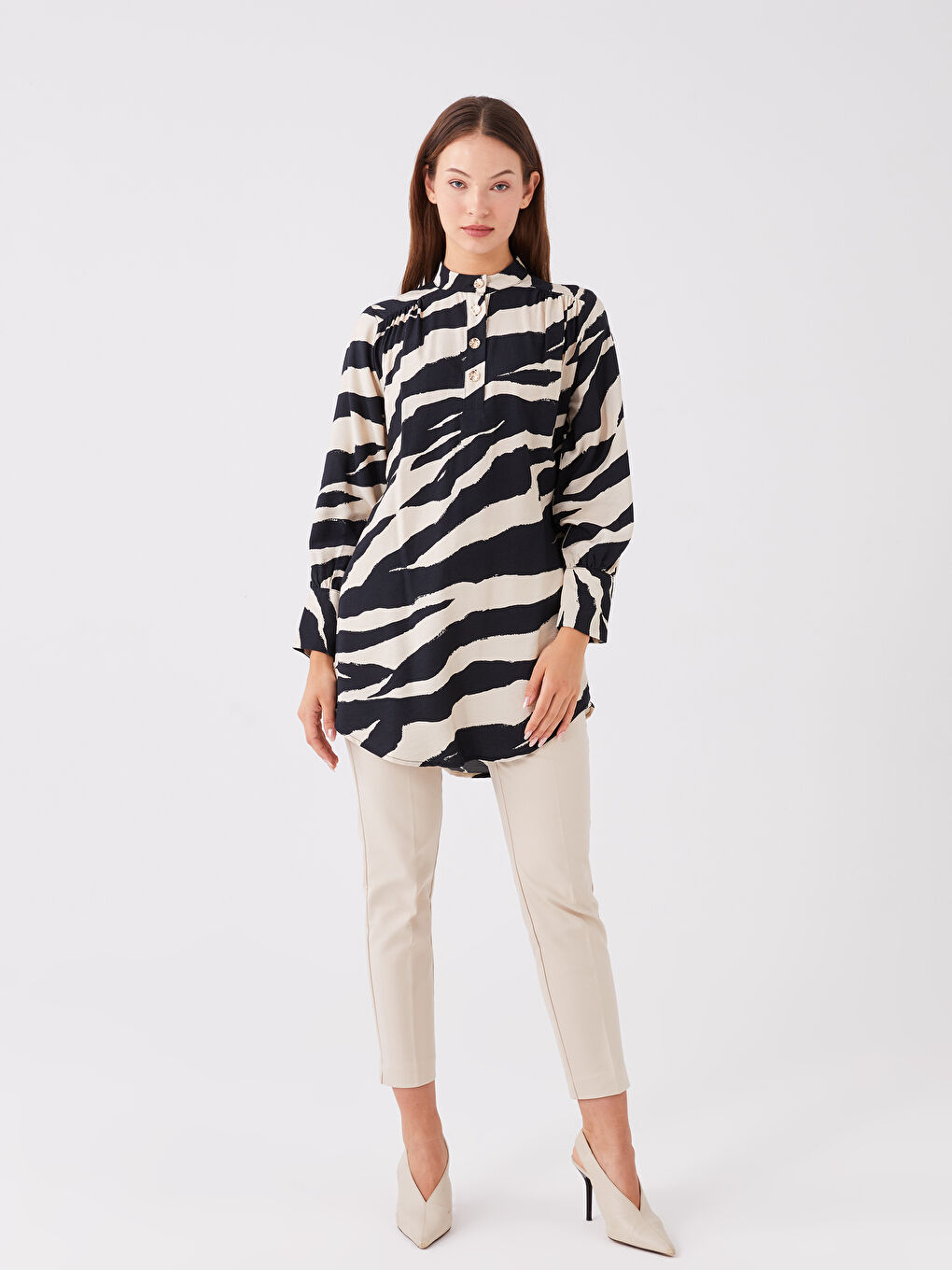 Tunique Pour Femmes Surdimensionnée Imprimée à Col Châle et Manches Longues-2