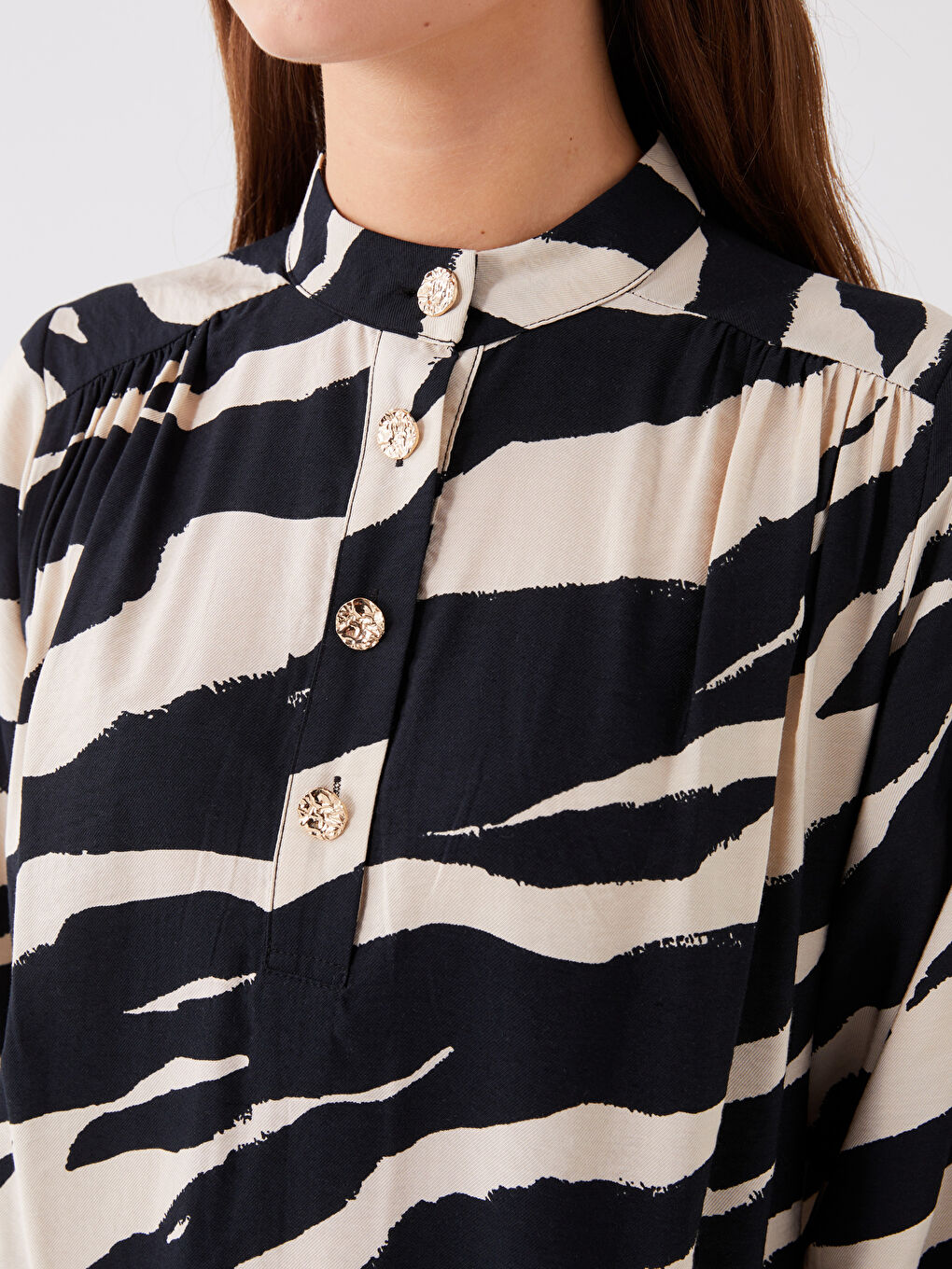 Tunique Pour Femmes Surdimensionnée Imprimée à Col Châle et Manches Longues-3