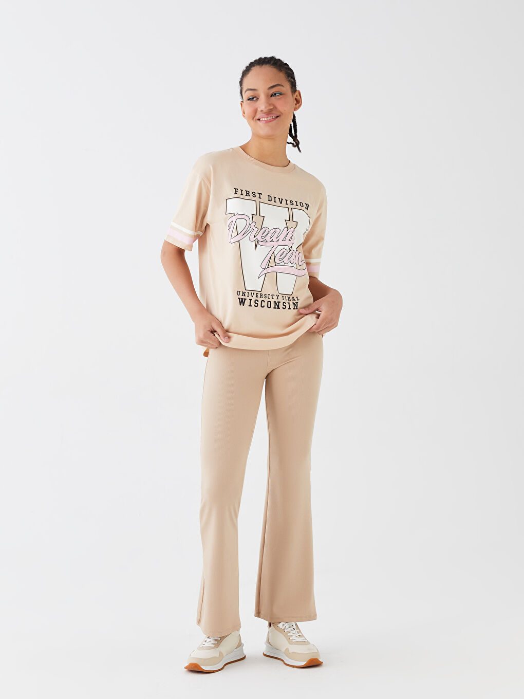 Bej Beli Lastikli İspanyol Paça Kadın Tayt Pantolon