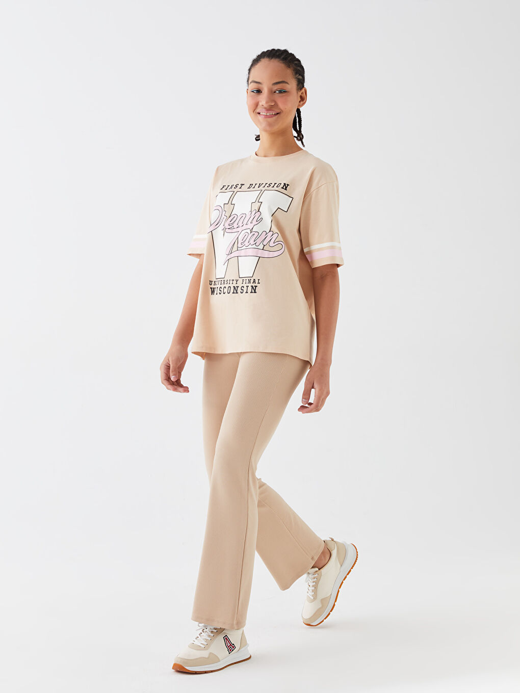 Bej Beli Lastikli İspanyol Paça Kadın Tayt Pantolon-1