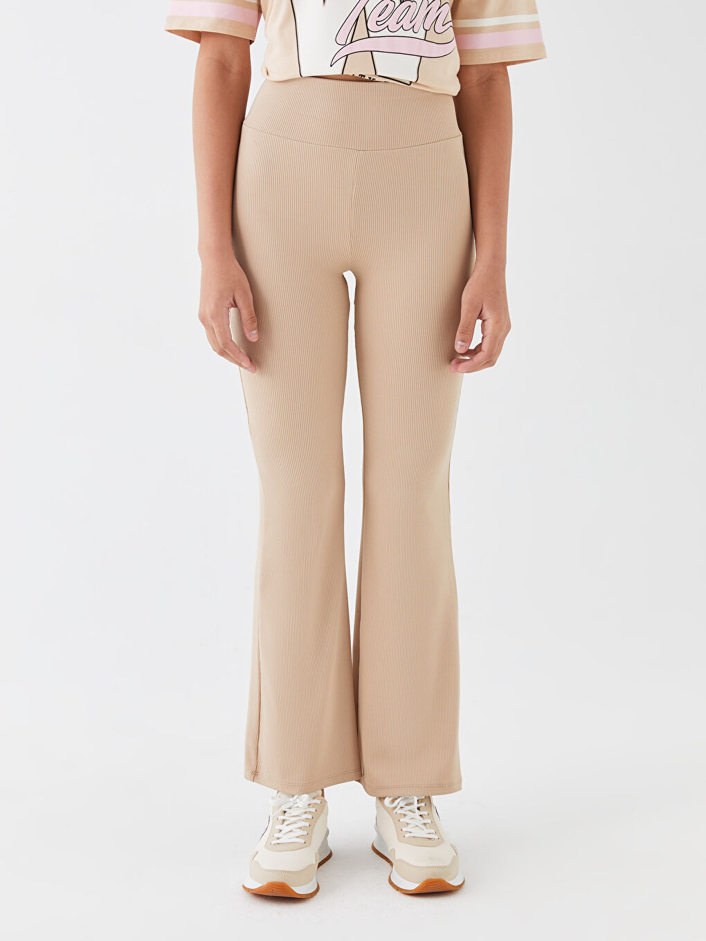 Bej Beli Lastikli İspanyol Paça Kadın Tayt Pantolon-2