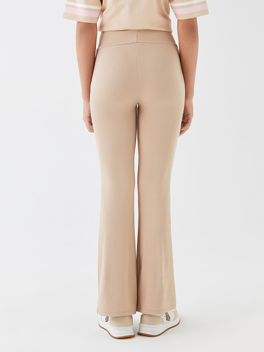 Bej Beli Lastikli İspanyol Paça Kadın Tayt Pantolon-3