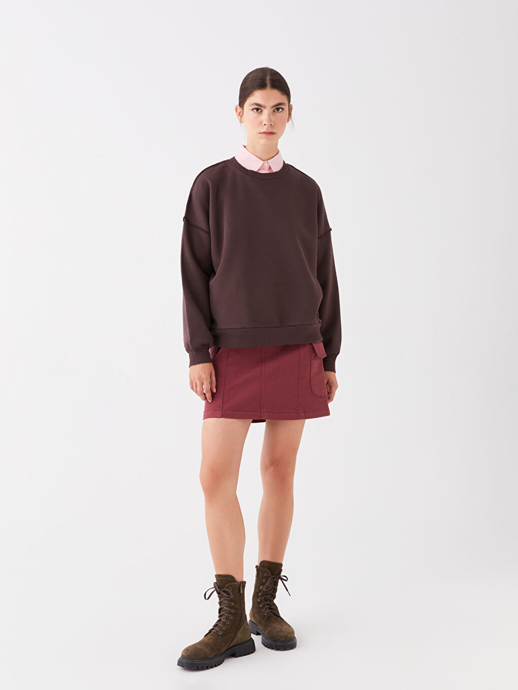 LCW Vision Koyu Kahverengi Bisiklet Yaka Oversize Kadın Sweatshirt - 2