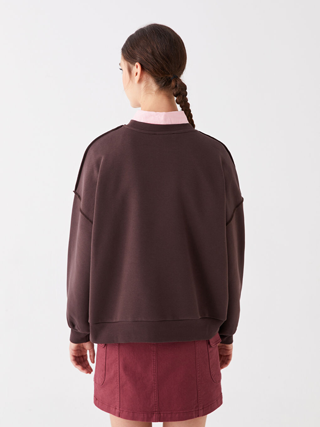 LCW Vision Koyu Kahverengi Bisiklet Yaka Oversize Kadın Sweatshirt - 4