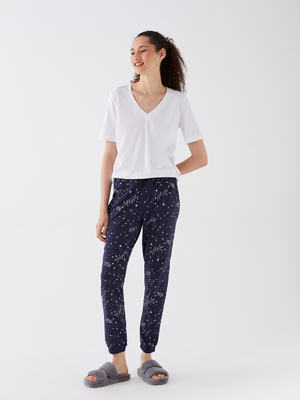 Lacivert Beli Lastikli Desenli Kadın Jogger Pijama Altı