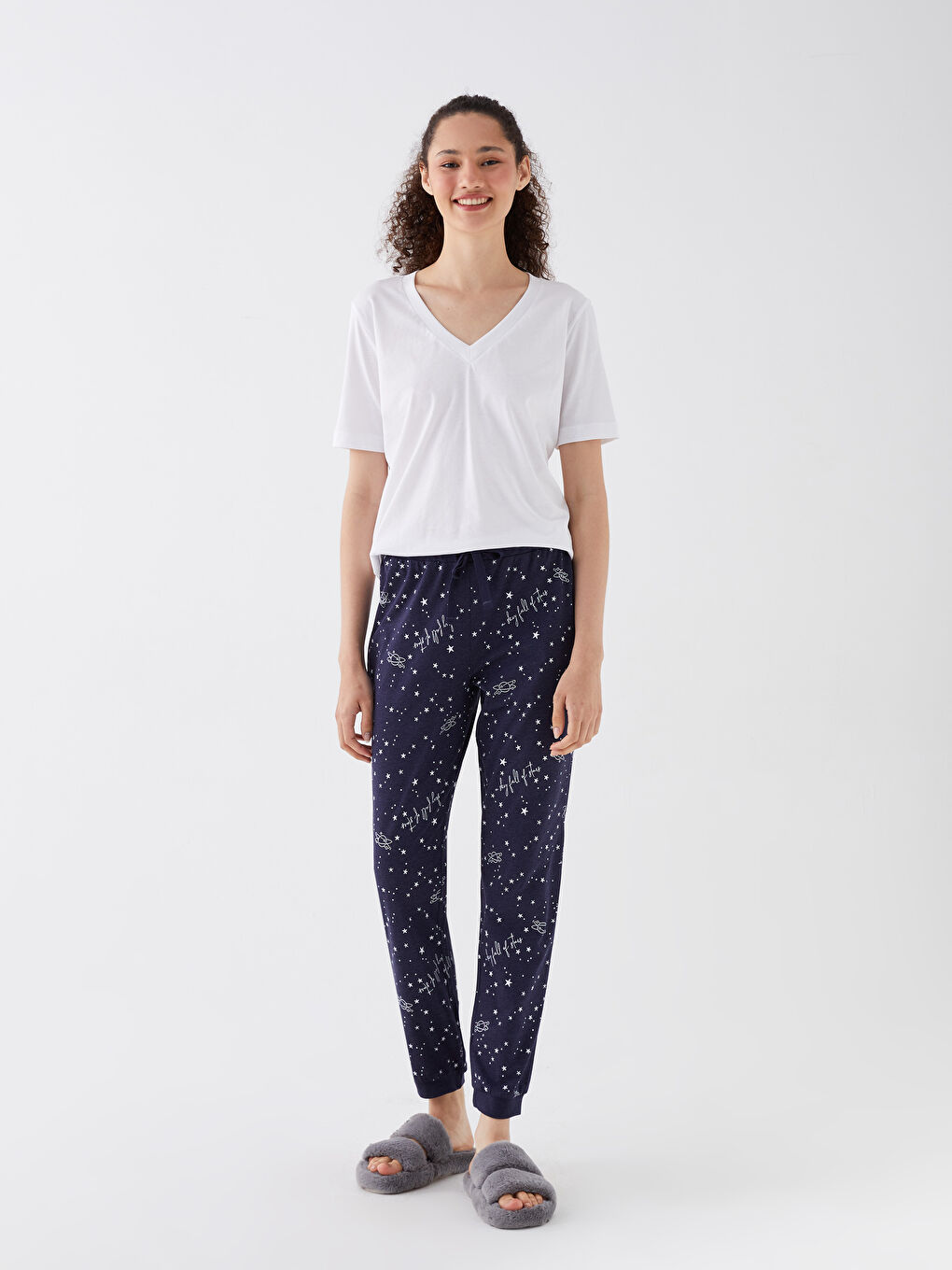 Lacivert Beli Lastikli Desenli Kadın Jogger Pijama Altı-1