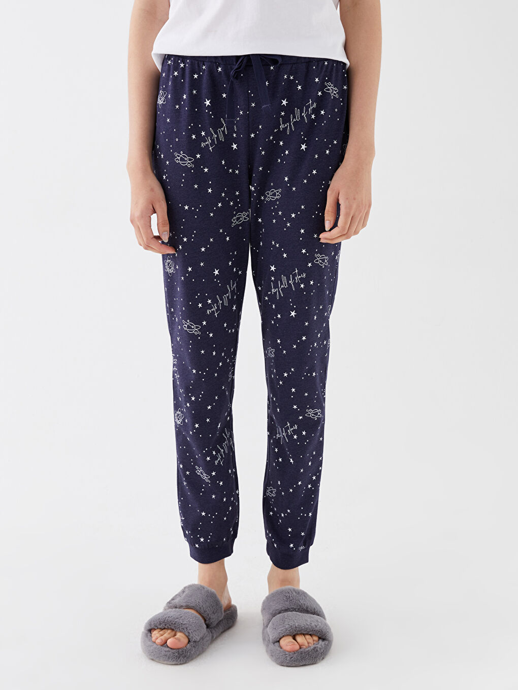 Lacivert Beli Lastikli Desenli Kadın Jogger Pijama Altı-2