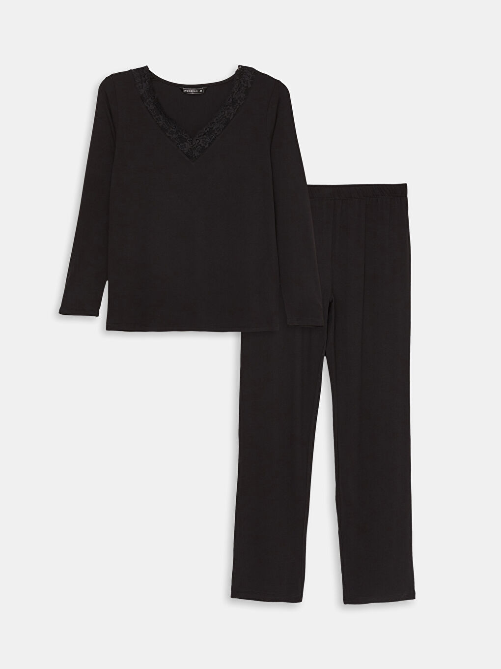 Siyah V Yaka Düz Uzun Kollu Kadın Pijama Takımı-5