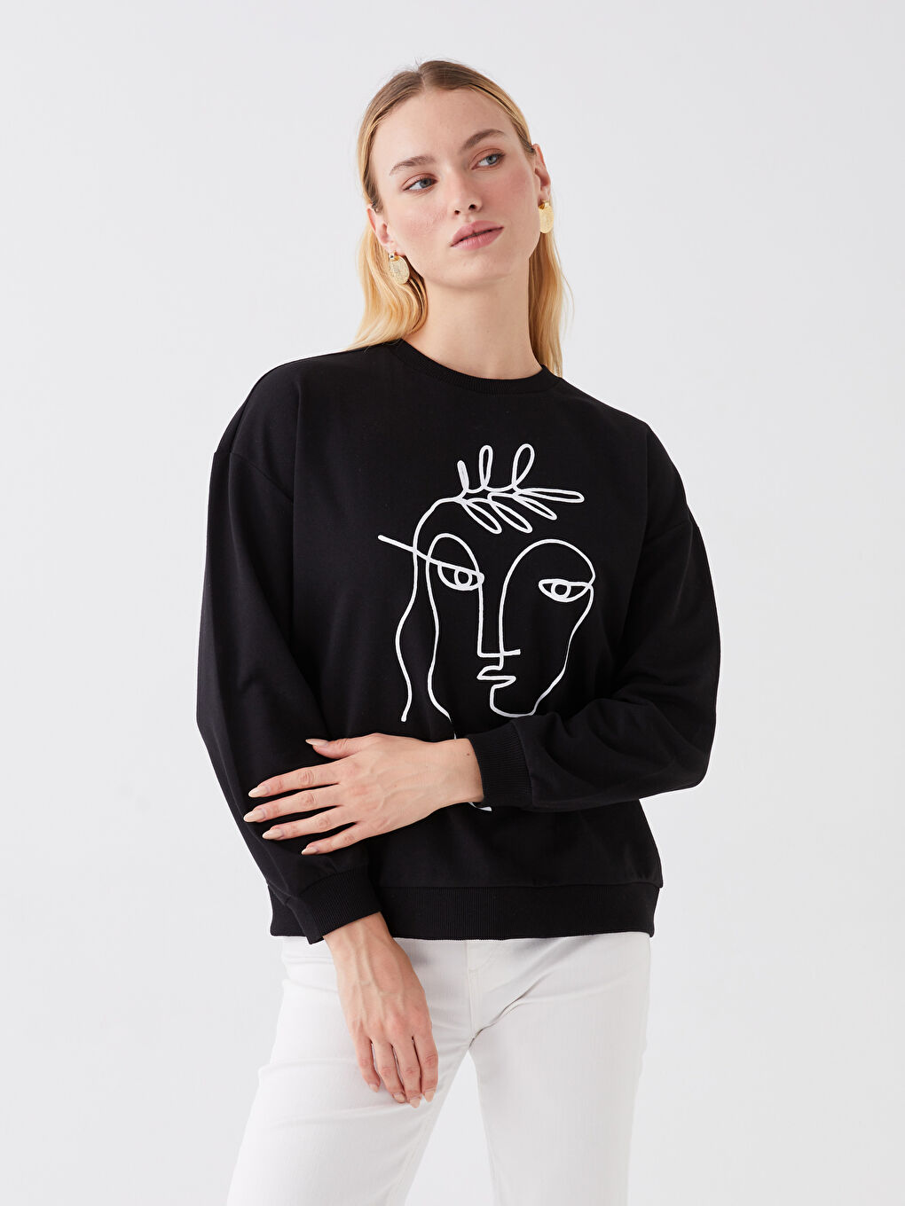 LCW ECO Siyah Bisiklet Yaka Baskılı Uzun Kollu Oversize Kadın Sweatshirt - 1