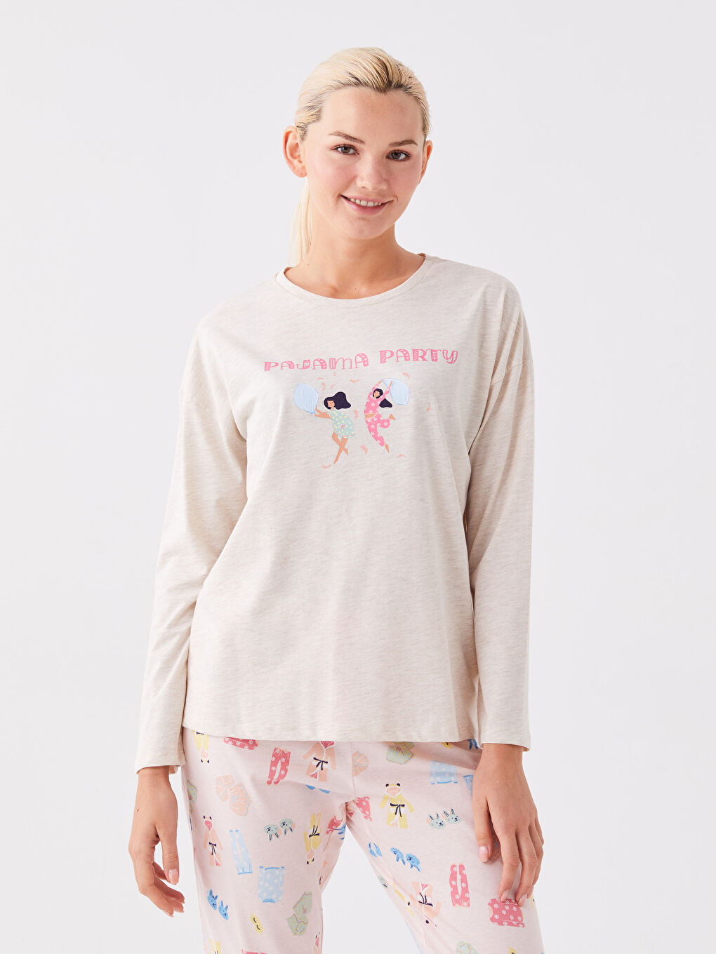 Rundhalsausschnitt Bedruckt Langarm Pyjama-Set für Damen-1