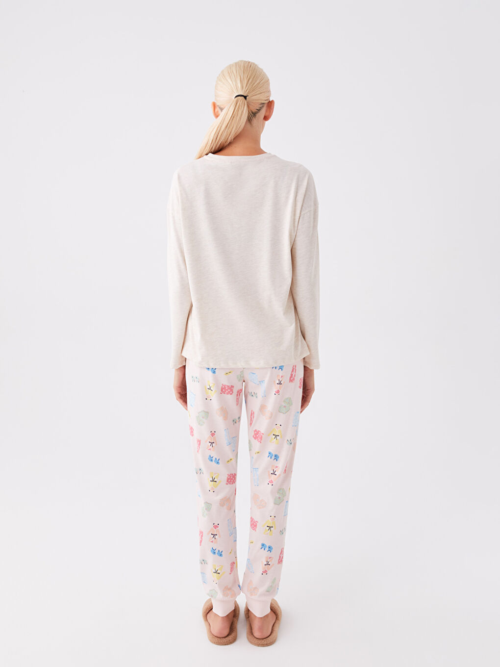 Rundhalsausschnitt Bedruckt Langarm Pyjama-Set für Damen-3