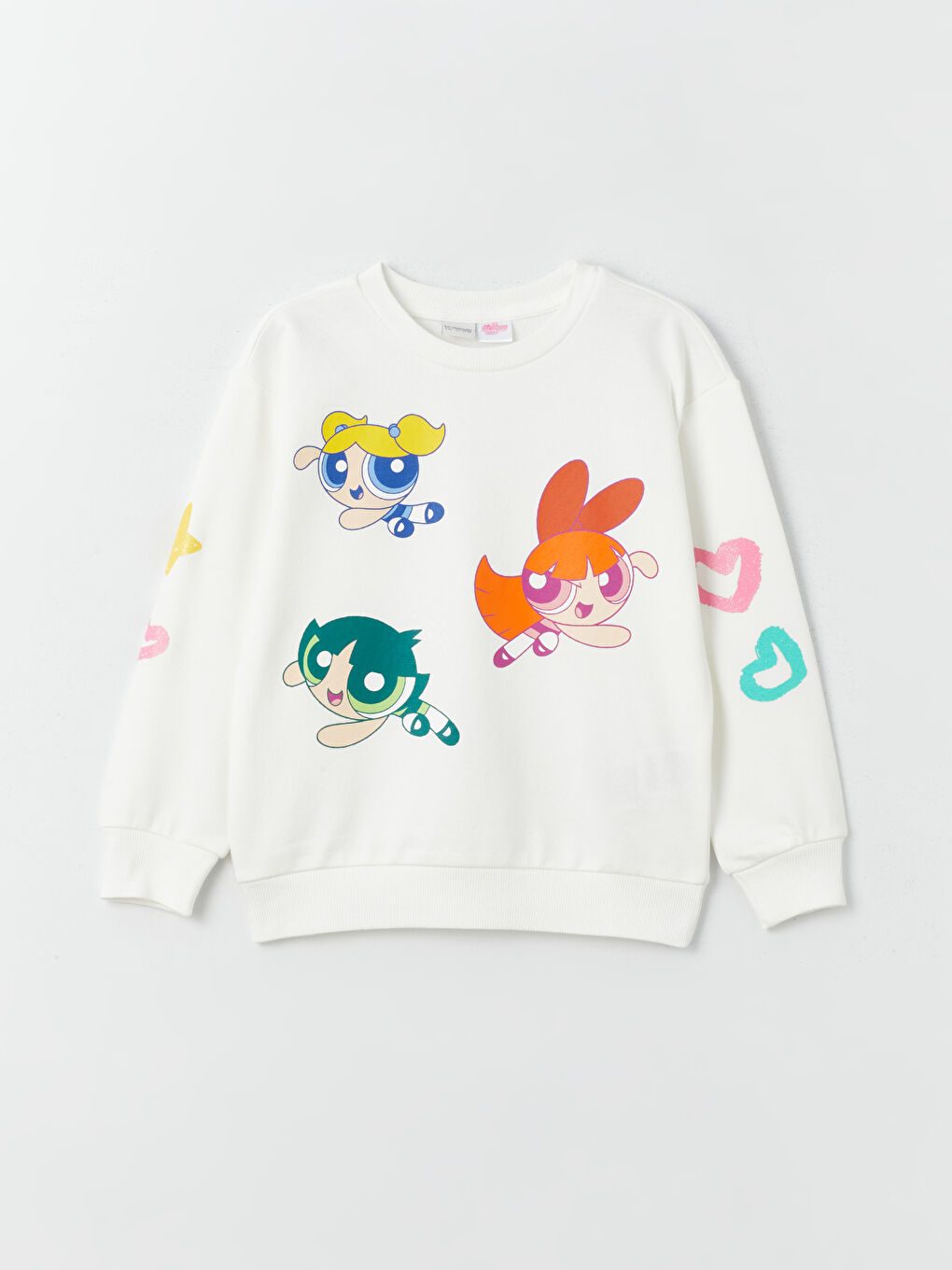 LCW Kids Krem Rengi Bisiklet Yaka Powerpuff Girls Baskılı Uzun Kollu Kız Çocuk Sweatshirt