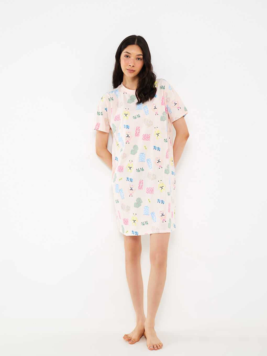 Crew Neck Printed Short Sleeve Women's Nightdress-1