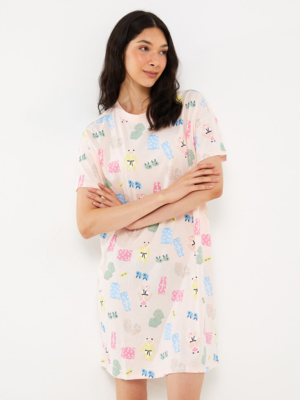 Crew Neck Printed Short Sleeve Women's Nightdress-2
