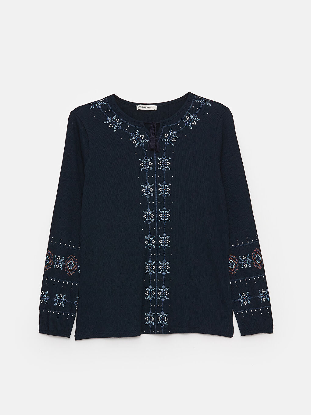 Lacivert Bağlamalı Yaka Desenli Uzun Kollu Kadın Bluz-5