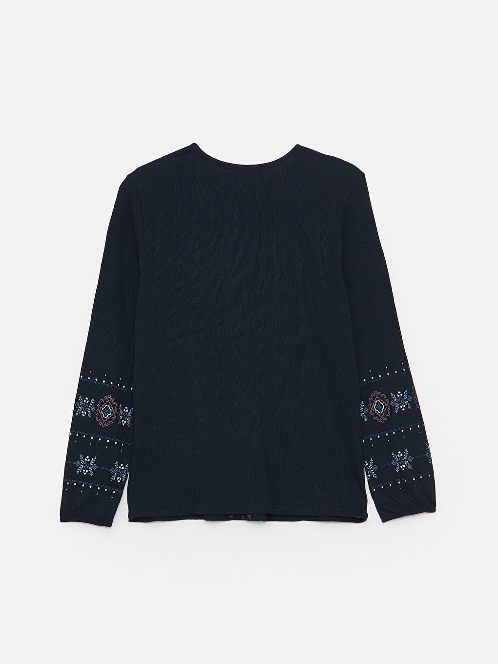 Lacivert Bağlamalı Yaka Desenli Uzun Kollu Kadın Bluz-6