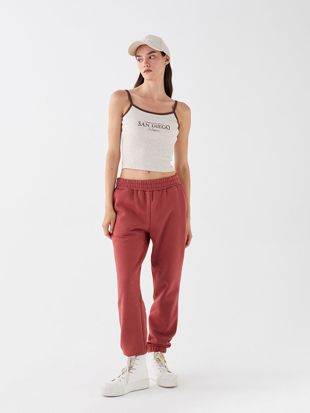 Kahverengi Kadın Beli Lastikli Düz Jogger Eşofman Altı