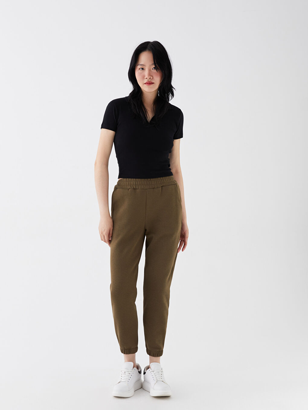 Haki Kadın Beli Lastikli Düz Jogger Eşofman Altı
