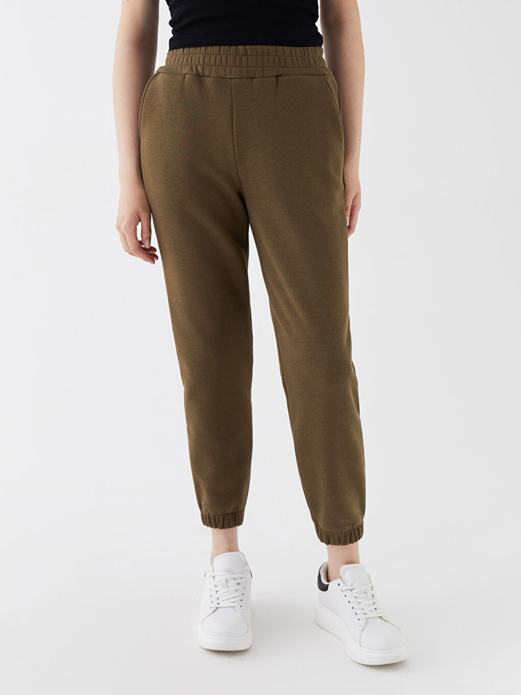 Haki Kadın Beli Lastikli Düz Jogger Eşofman Altı-2