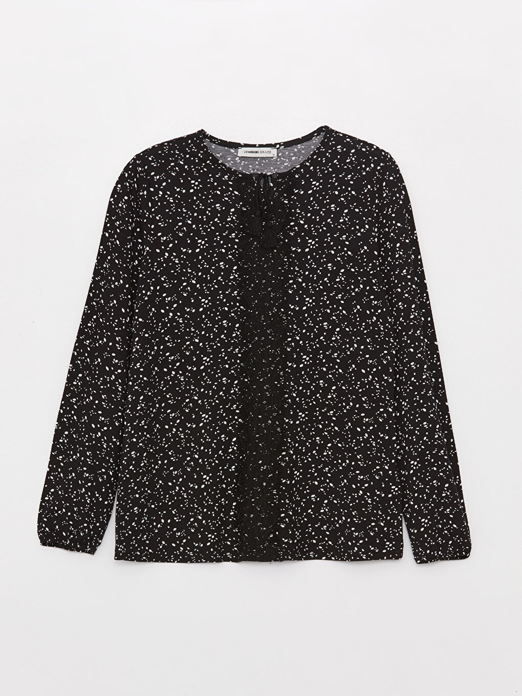 Siyah Bağlamalı Yaka Çiçekli Uzun Kollu Kadın Bluz-5