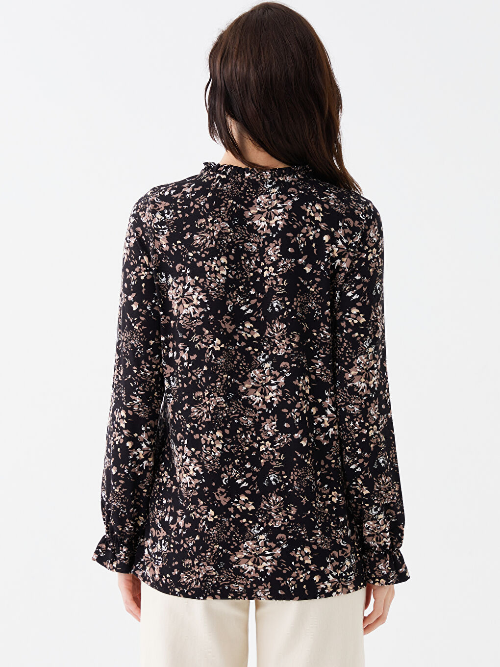 Siyah Bağlamalı Yaka Desenli Uzun Kollu Kadın Bluz-3