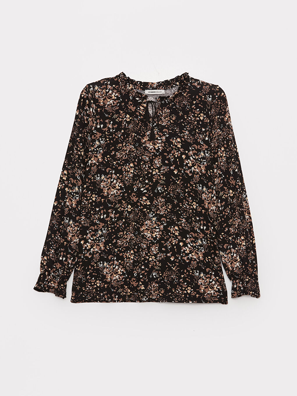 Siyah Bağlamalı Yaka Desenli Uzun Kollu Kadın Bluz-5