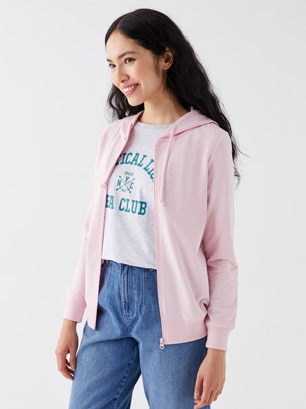 Pembe Kapüşonlu Düz Uzun Kollu Kadın Spor Hırka