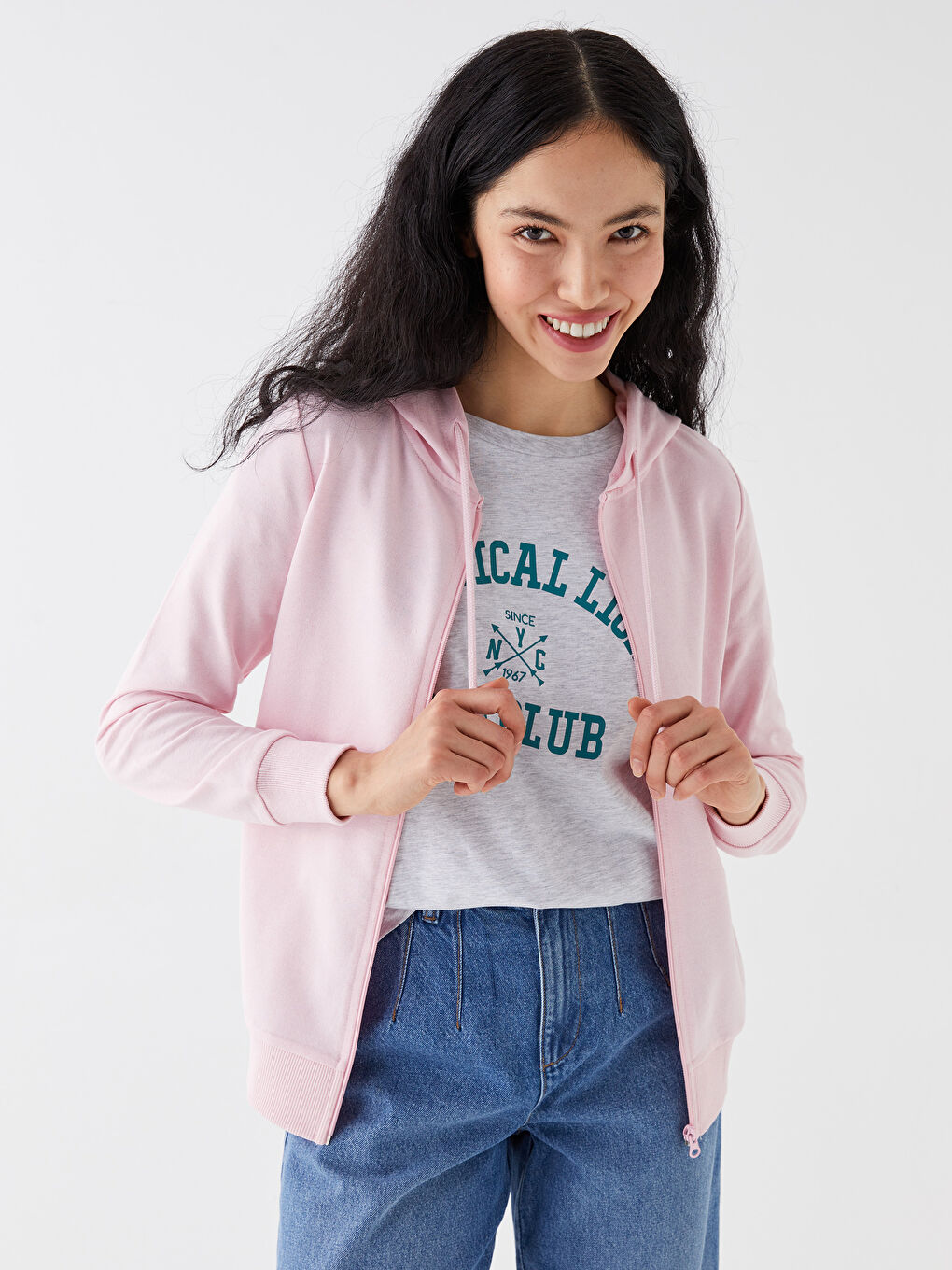 Pembe Kapüşonlu Düz Uzun Kollu Kadın Spor Hırka-1