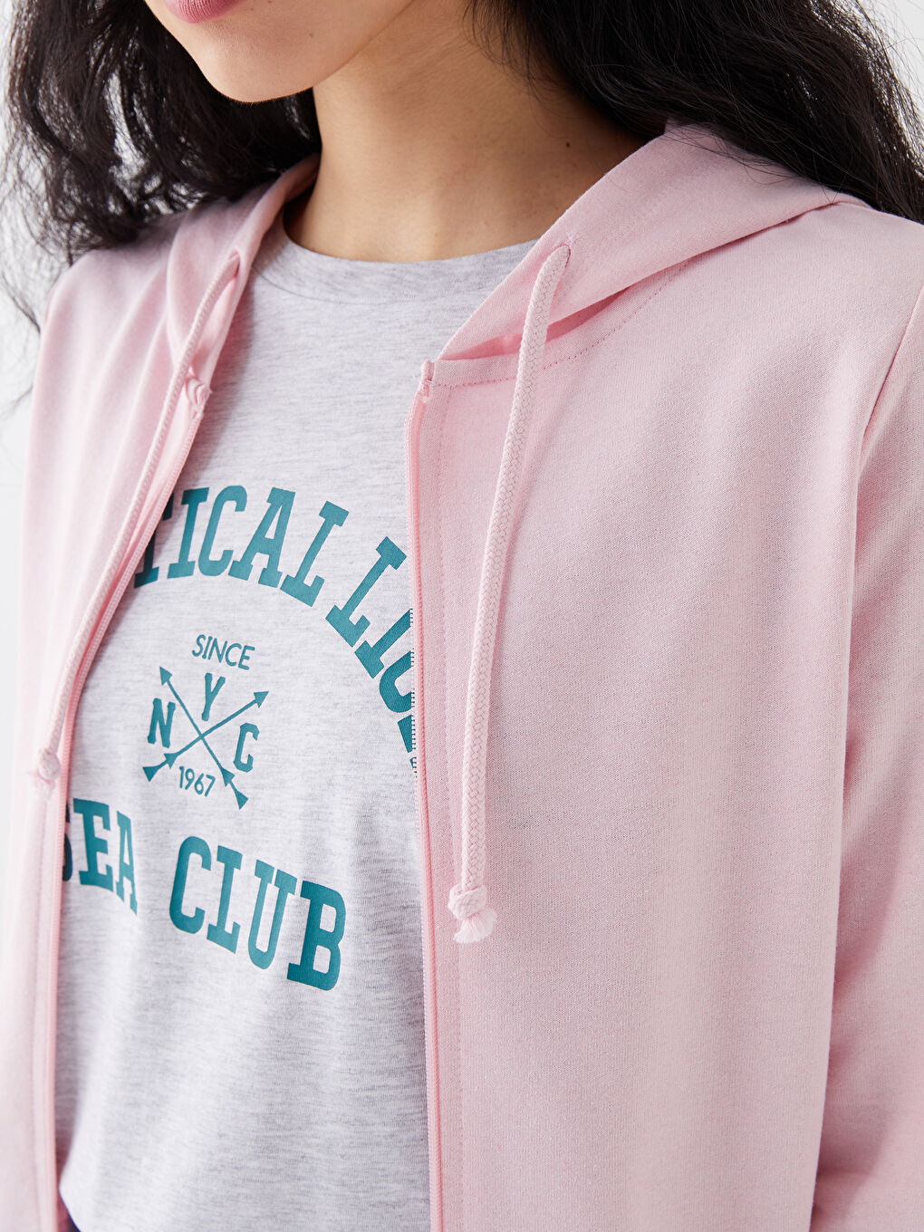 Pembe Kapüşonlu Düz Uzun Kollu Kadın Spor Hırka-3