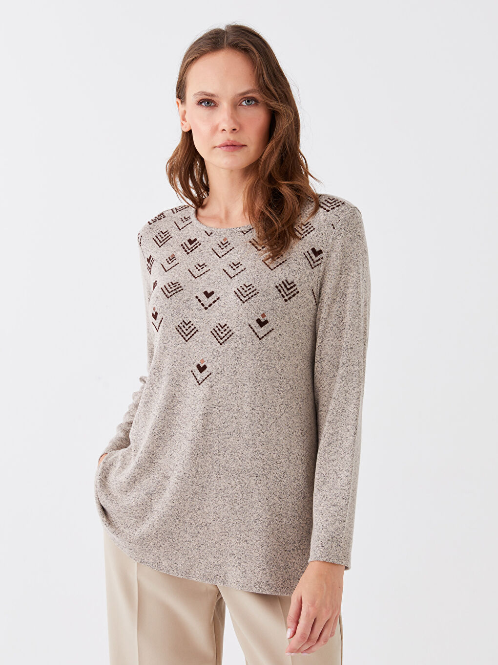 Bej Bisiklet Yaka Baskılı Uzun Kollu Kadın Bluz