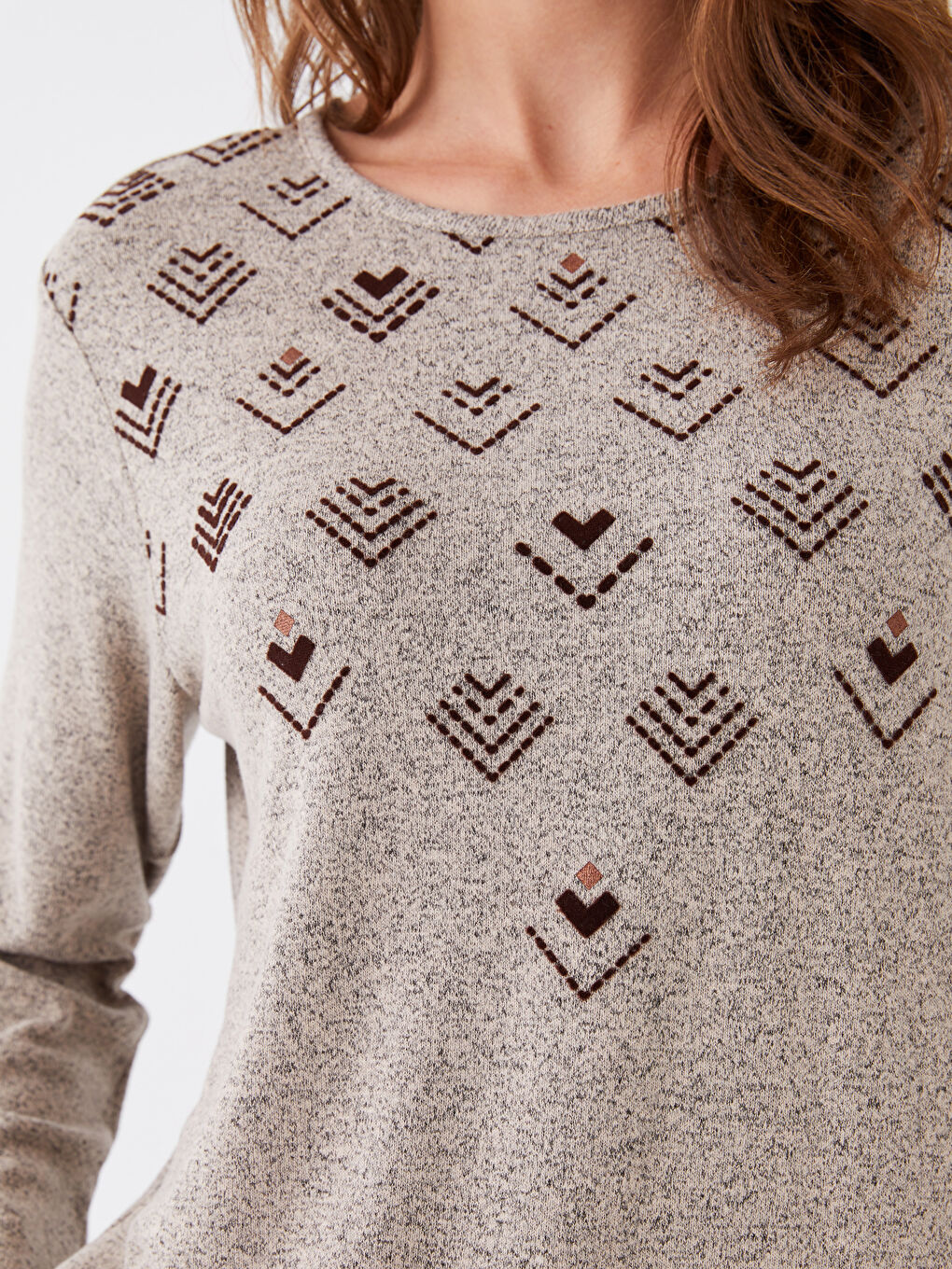 Bej Bisiklet Yaka Baskılı Uzun Kollu Kadın Bluz-3