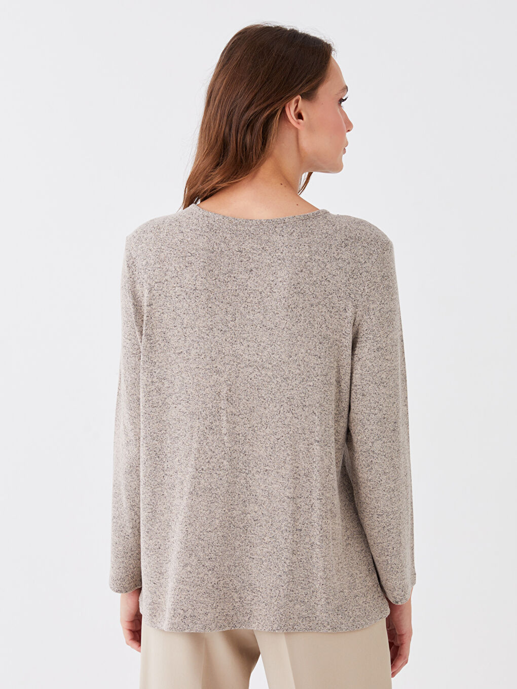 Bej Bisiklet Yaka Baskılı Uzun Kollu Kadın Bluz-4