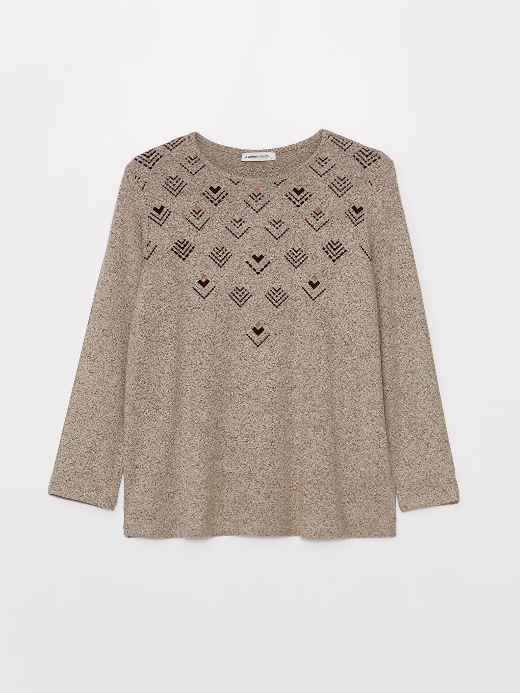 Bej Bisiklet Yaka Baskılı Uzun Kollu Kadın Bluz-5