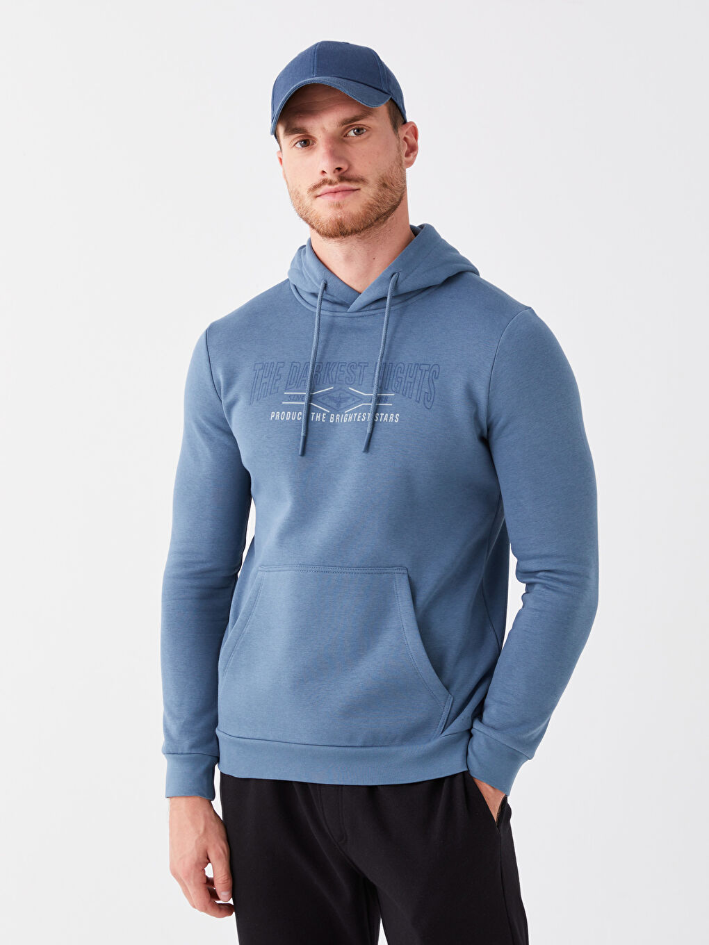 LCWAIKIKI Classic İndigo Uzun Kollu Baskılı Erkek Hoodie