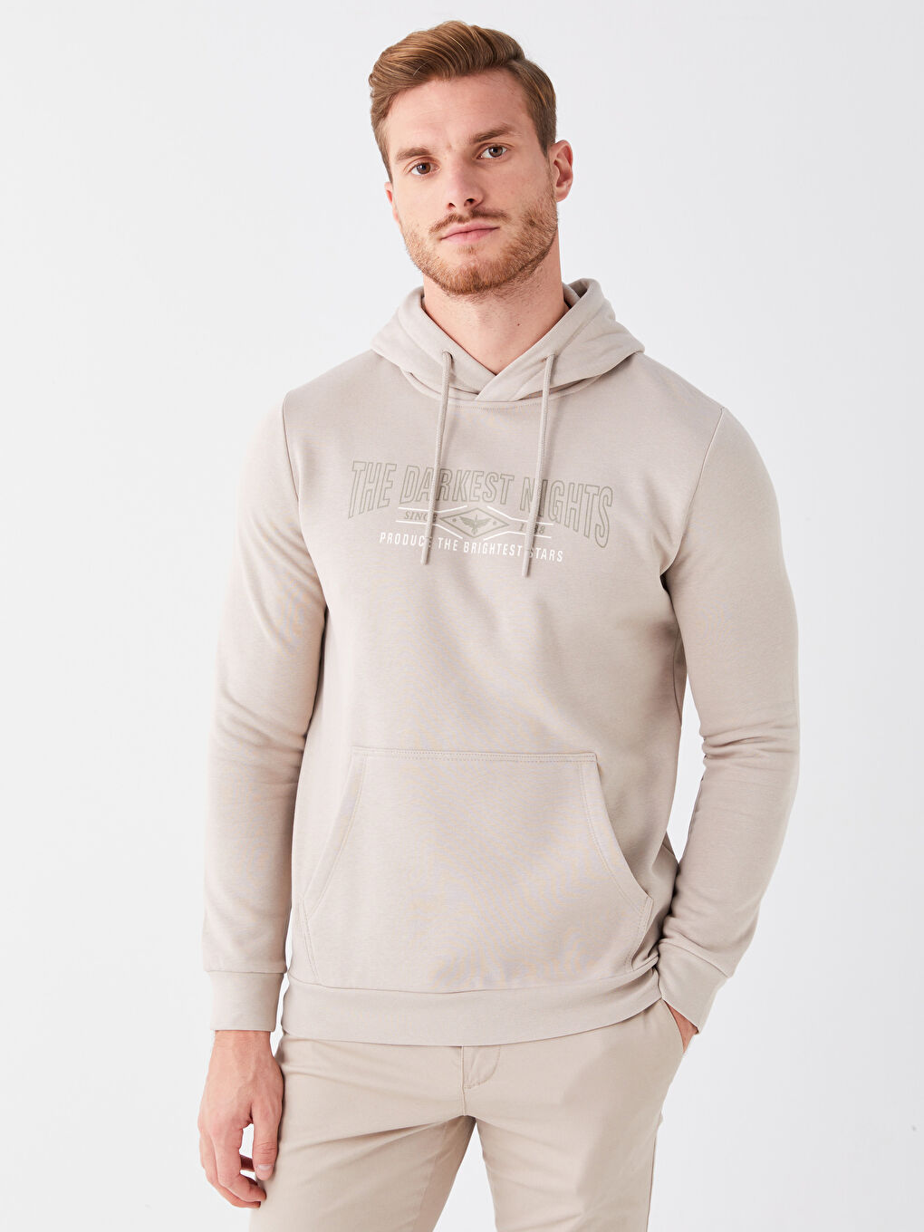 LCWAIKIKI Classic Bej Uzun Kollu Baskılı Erkek Hoodie