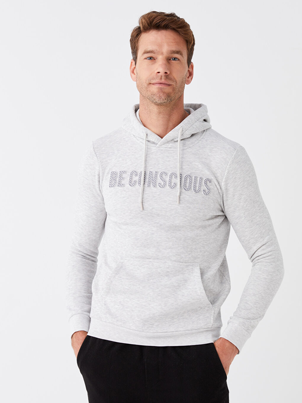 LCWAIKIKI Classic Taş Rengi Melanj Uzun Kollu Baskılı Erkek Hoodie