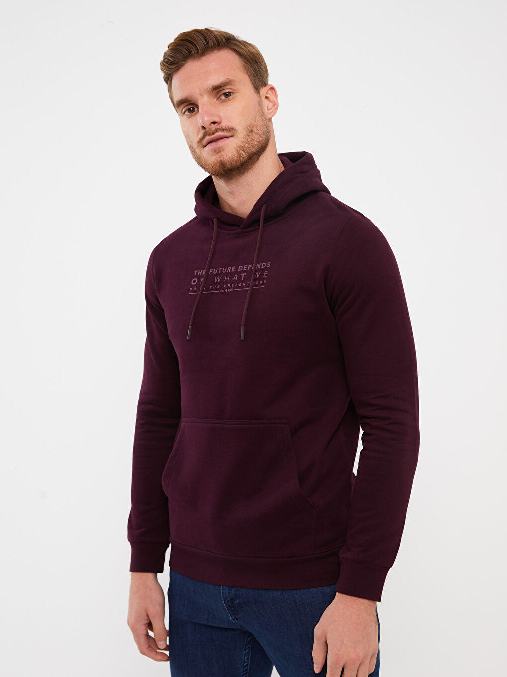 LCWAIKIKI Classic Mürdüm Uzun Kollu Baskılı Erkek Kalın Hoodie