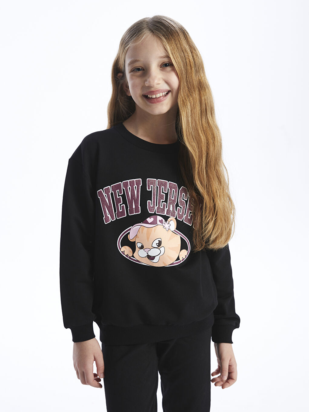 LCW Kids Yeni Siyah Bisiklet Yaka Baskılı Uzun Kollu Kız Çocuk Sweatshirt