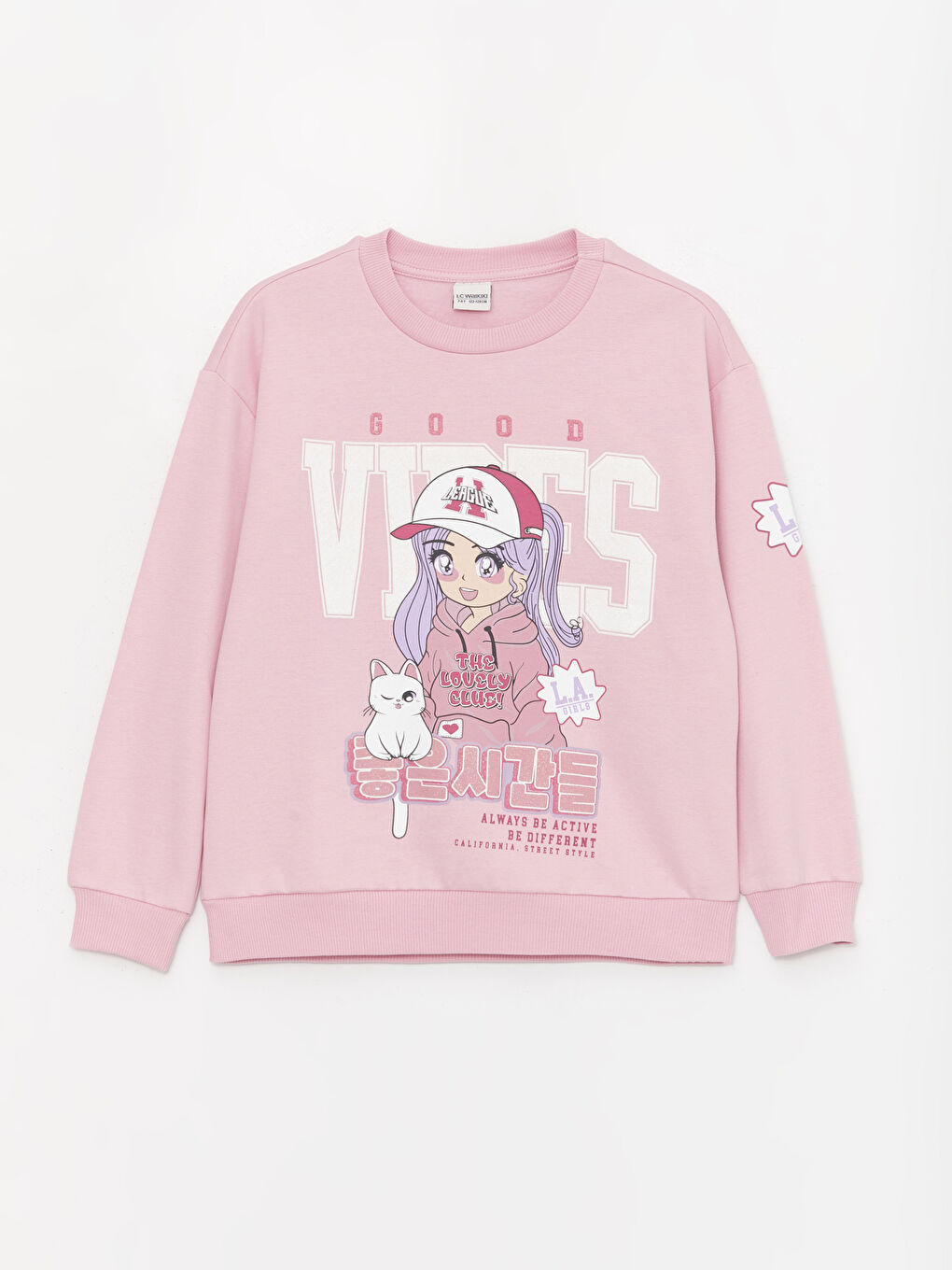 LCW Kids Pembe Bisiklet Yaka Baskılı Uzun Kollu Kız Çocuk Sweatshirt