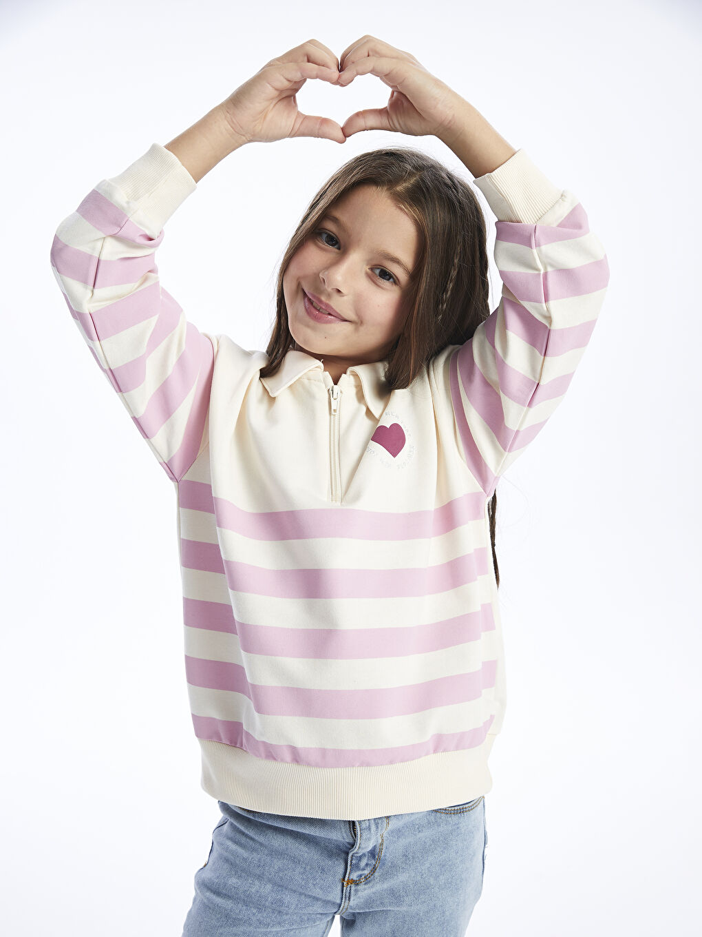 Ekru Polo Yaka Çizgili Uzun Kollu Kız Çocuk Sweatshirt