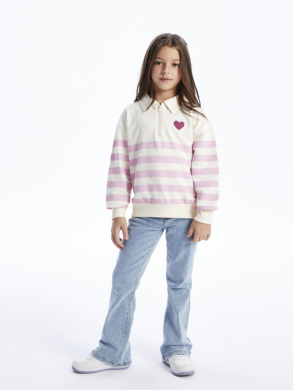 Ekru Polo Yaka Çizgili Uzun Kollu Kız Çocuk Sweatshirt-1