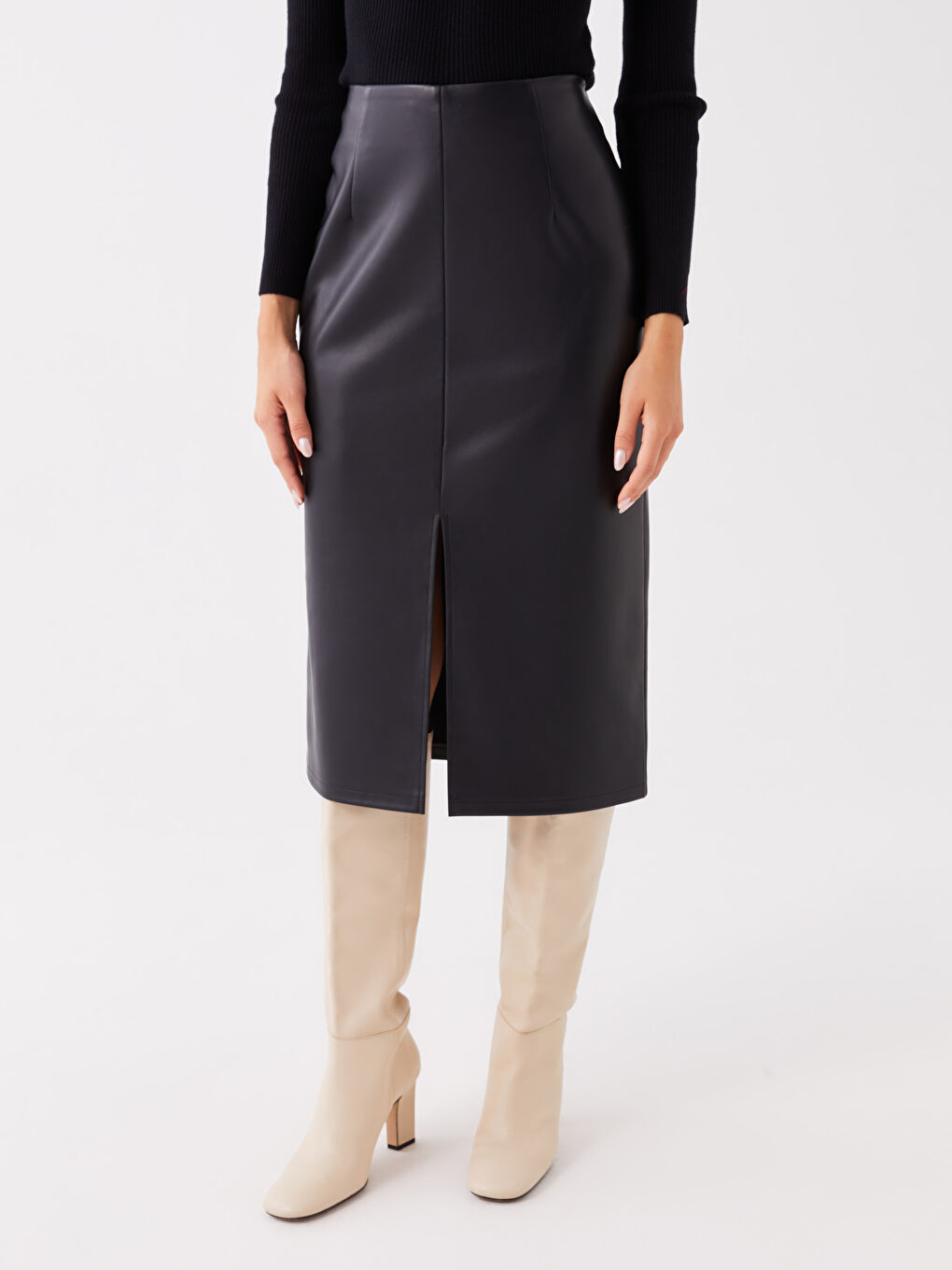 Beli Fermuarlı Deri Görünümlü Kadın Etek-2