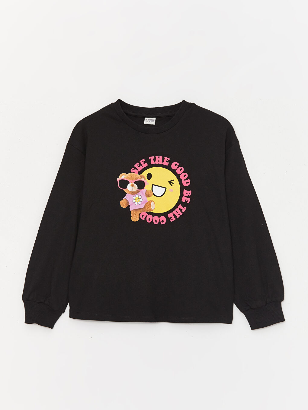 Siyah Bisiklet Yaka Baskılı Uzun Kollu Kız Çocuk Tişört