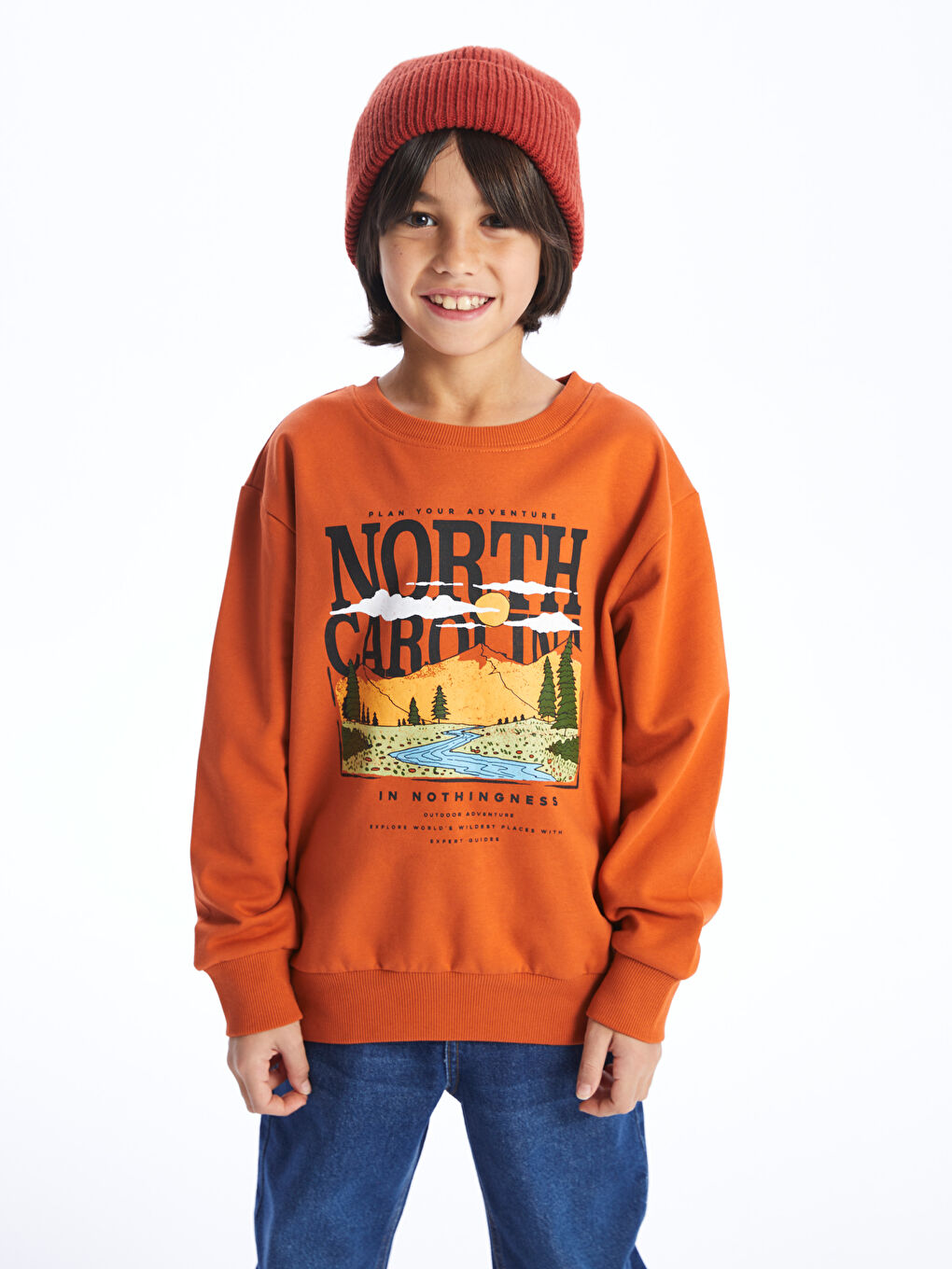 LCW Kids Mat Turuncu Rahat Kalıp Bisiklet Yaka Baskılı Erkek Çocuk Sweatshirt