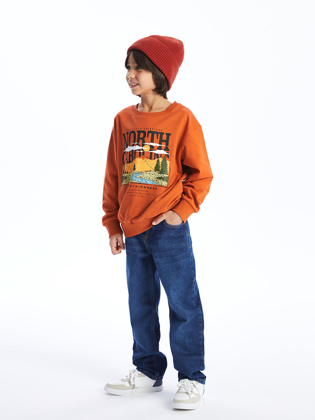 LCW Kids Mat Turuncu Rahat Kalıp Bisiklet Yaka Baskılı Erkek Çocuk Sweatshirt - 2